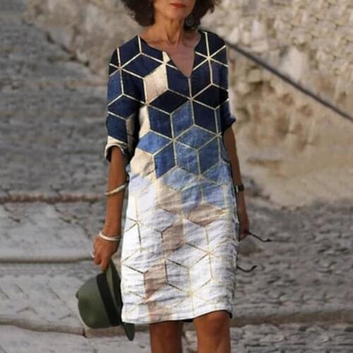 Womens Summer Dress Sexy Plaid Printed Loose Dresses Casual V-neck Ladies Beach Dresses Sundress Short Sleeve Party Dress 2021