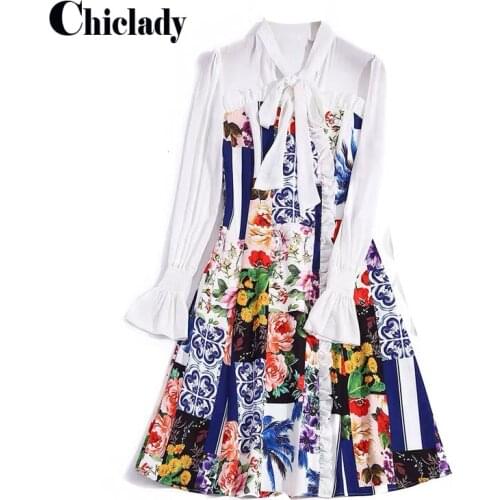 CHICLADY designer style blue printe ruched bow collar A-line knee lenght dress for women plus size long sleeve patchwork dresses