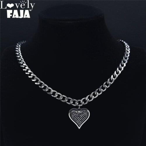 2021 Punk Heart Stainless Steel Black Crystal Chokers Necklace Silver Color Statement Necklace Jewelry collier coeur N4871S03