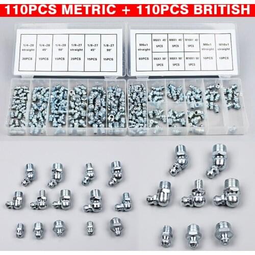 220pcs 45-90 Degree Car Auto Hydraulic Grease Nipple Metric Imperial Mechanical Lubricant Fitting Kit Accessories Tool