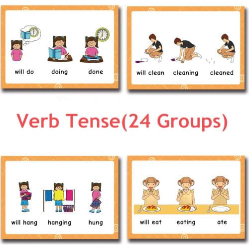 24 Groups/set Verb Tense Flash Card Leaning English Word Picture Cards Educational Toys for Children Games Classroom Montessori