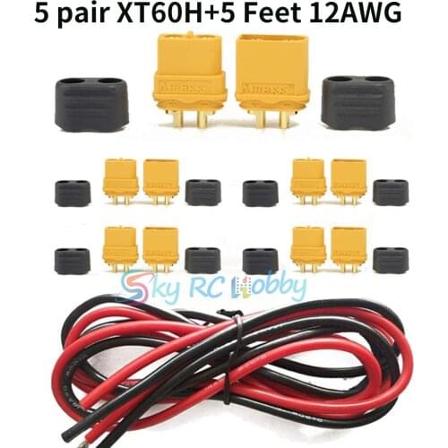 Amass 5 Pairs Amass XT60H XT60 Bullet Connector Male Female Plug Pack with 5 Feet 12AWG Silicone Cable (Red+Black)
