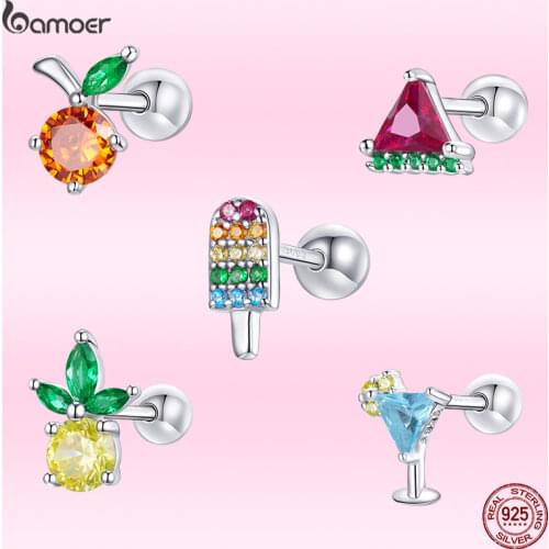 Bamoer Real 925 Sterling Silver Summer Drinks Sweet Heart Fruit Ice Creams Piercing Earrings For Fashion Women Silver Jewelry