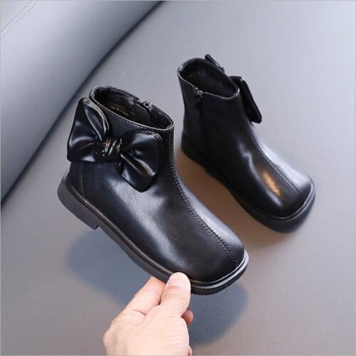 2021 New Autumn Boots For Girls Genuine Leather Butterfly-knot Square Toe Ankle Boots Princess Fashion Children Shoes Size 26-37