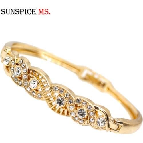 Neovisson Gold Color Cuff Bracelet Morocco Women Ethnic Wedding Jewelry DuBai Rhinestone Thin Bangles Bridal Gift Wholesale