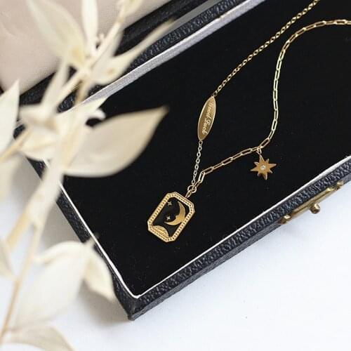 Stainless Steel Gold Toggle Moon Star Necklace For Women Goodluck Letter Thick Square Chain Enamel Pendant Necklaces Jewelry