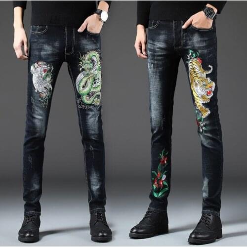 Jeans mens stretch slim feet pants hole embroidery net red the same mens pants animal tiger snake pattern embroidered jeans