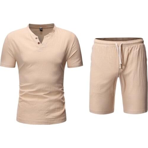 Khaki Solid Color Button T Shirt and Shorts 2 Pieces Outfit Set 2021 Summer Streetwear Men Clothing Casual Sports Jogging Suit