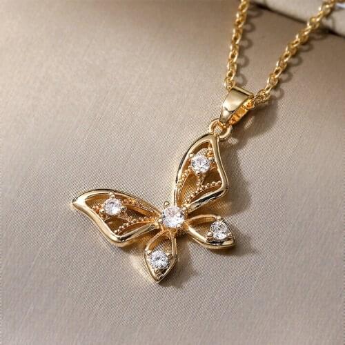 Huitan Creative Butterfly Necklace for Women Shiny Cubic Zirconia Delicate Female Wedding Party Pendant Necklace Fashion Jewelry