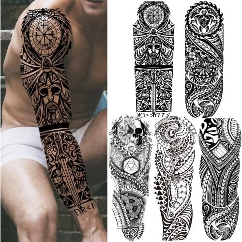 India Tribal Totem Temporary Tattoo Sleeve For Men Women Adult Death Skull Maori Tattoos Sticker Fake Waterproof Tatoos Black