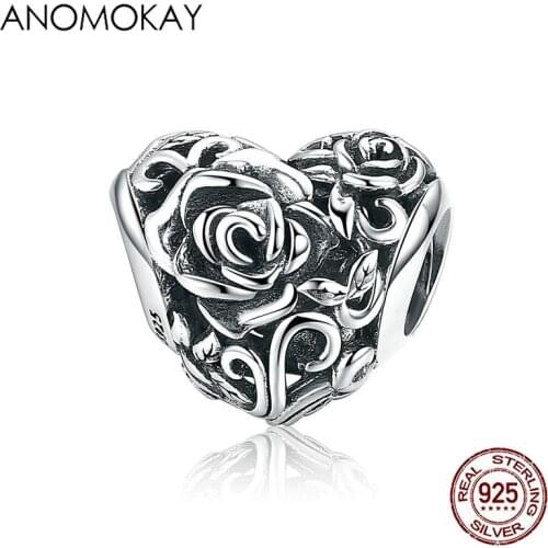 Anomokay Romantic 925 Sterling Silver Rose Flower Engrave Heart Charm fit Bracelets & Bangles S925 Silver Bead for DIY Jewelry