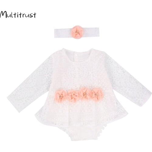 Newborn Baby Girls One-piece Lace Flower Bodysuits Cut-out Ruffled Clothing for 0-24M Baby Girls 2pcs Princess Bodysuit Dress
