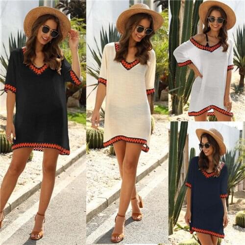 Summer Beach Dress Cover Up Women Crochet V-neck Beachwear 2020 Bikini Cover-up for Black Tunic Ups Vestido Playa Mujer M L XL