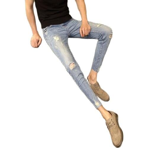Hot 2019 Summer new mens jeans ripped hole curled Korean stretch slim feet youth pants teenagers students skinny jeans men