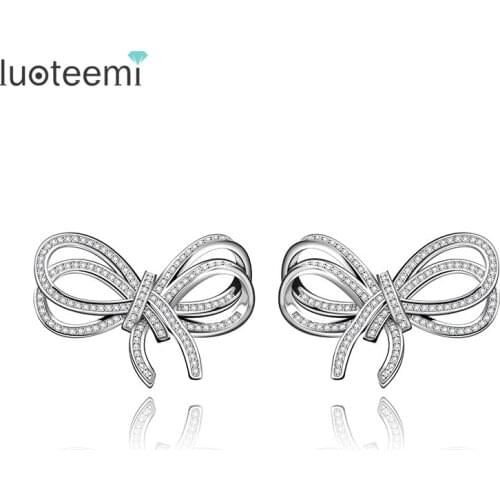 LUOTEEMI New Trendy Sparkling Full Paved Shining CZ Crystal Big Bowknot Shape White Gold-Color Stud Earrings Wedding Jewelry