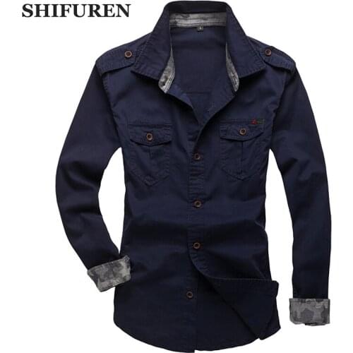 SHIFUREN New Autumn Causal Shirts Men 100% Cotton Long Sleeve Dress Shirts With Shoulder Loops Plus Size L-XXXL Solid Color