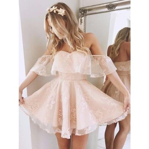 Pink A-Line/Princess Sweetheart Above Knee, Mini Lace Off the Shoulder Simple Homecoming Dress