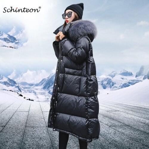2021 Schinteon New Over Size Down Jacket Real Fur with Hood Loose Winter Warm Long Outwear A-lined Coat Korean Style