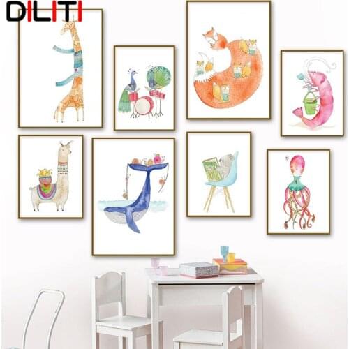 Nordic Cartoon Posters and Prints Llama Giraffe Whale Octopus Crayfish Wall Art Pictures Baby Kids Room Canvas Painting
