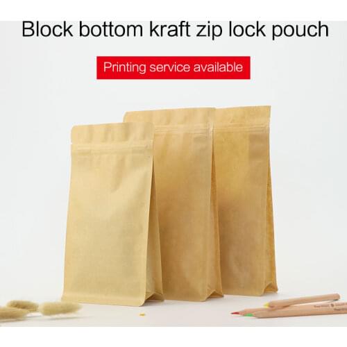 Block bottom stand up pouch with zipper brown kraft paper zip lock flat bottom quad seal food packaging bag