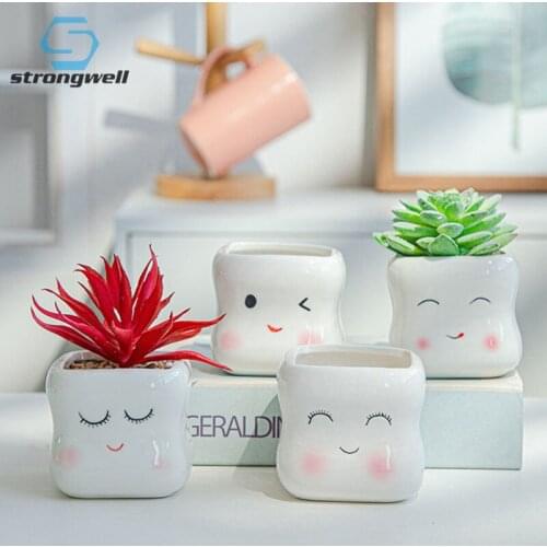 Strongwell Lovely Square White Porcelain Flower Pot Home Living Roon Decoration Accessories Office Desktop Decor Planter Bonsai