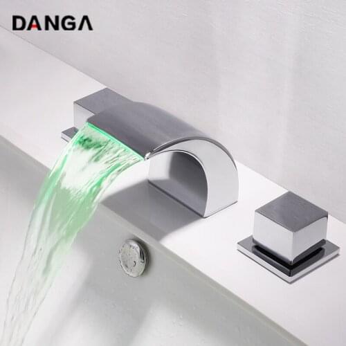 Led Basin Faucets Bathroom Tap Mixing Sink Tap Luminous Waterfall Bathtub Faucet Hot and Cold Three-hole Split Bathroom Faucet
