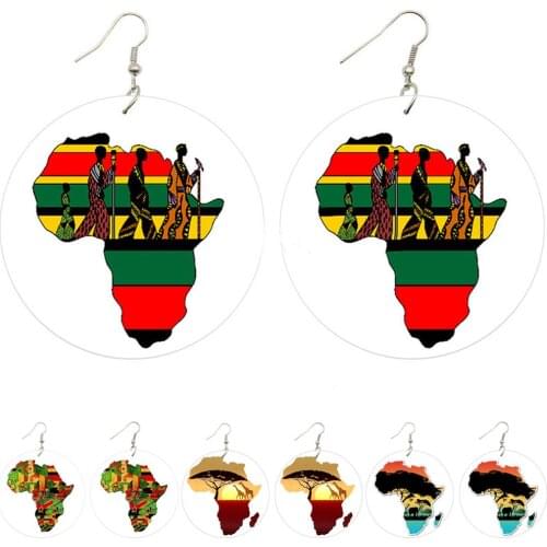 Roform Amazing African Map Designs Printed Wooden Drop Earrings Lion Elephant Black Tribal Ethnic Eco Animals Gifts for Women