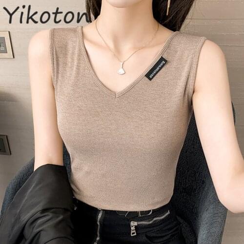 Womens Clothing Summer 2021 V-neck Sleeveless Basic Solid Women T-shirt Elegant Coffee Tank Top Female Pulovers Casual Shirt