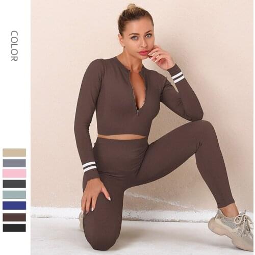 2PCS Yoga Sportsuits Women Zipper Gym Cycling Long Sleeve &High Waist Leggings Fitness Joggings Work Out Clothing Tracksuit Sets