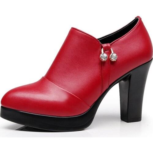 Plus Size 32-43 Block Heels Deep Pumps Womens Winter Shoes 2021 Rhinestone High Heel Shoes with Fur Ladies Office Shoe