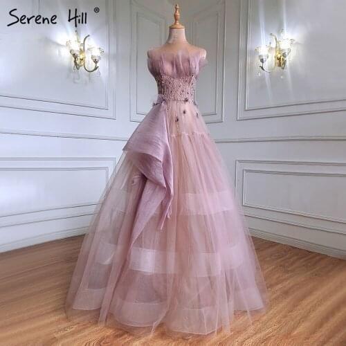 Serene Hill Pink Luxury Beaded Flowers A-Line Evening Gown 2021 Sexy Strapless Lace Up For Women Formal Party Dress CLA71318