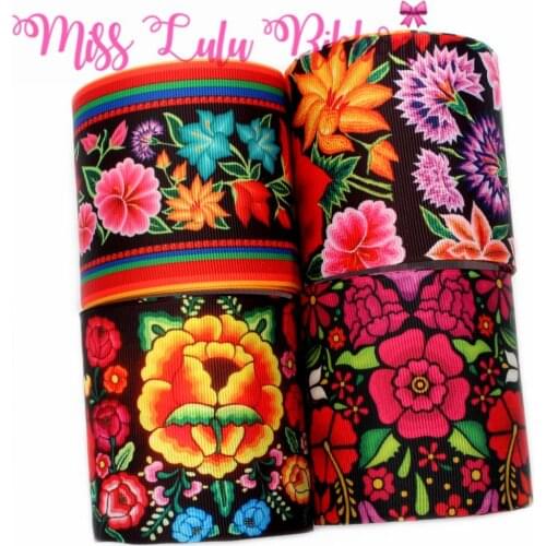 16mm-75mm Mexico Flower Series Gradient Color Stripes Printed Grosgrain/Elastic Ribbon DIY Hair Bowknot Party Decor 50yards/roll