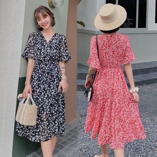 2 Colors Women Long Chiffon Floral Print Dress Summer 2020 Runway Elegant Korean Party Dress Boho Casual Vacation Dresses Black