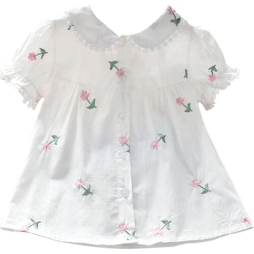 2021 Kids Girls White Shirts Short Sleeve Embroider Flower Girls Clothes Princess Fashion ChildrenTop
