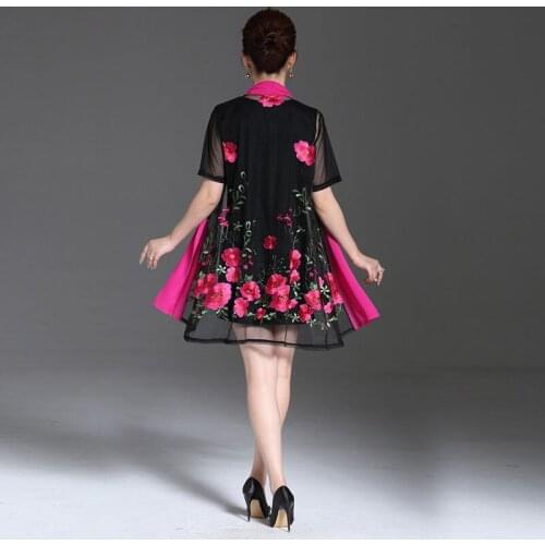 2021 Spring Summer Women Elegant Floral Embroidery Dress Female Short Sleeve Mini Party Dresses Two Piece Set Plus Size
