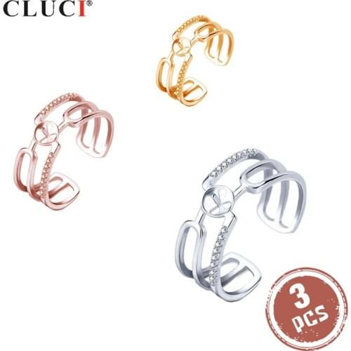 CLUCI 3pcs 925 Sterling Silver Women Adjustable Pearl Ring Mounting Silver 925 Zircon Hollow Open Rings Jewelry SR2067SB