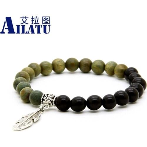 Ailatu 8mm Natural Green and Black Wood Antique Silver Color Feather Charm Pendant Bracelet