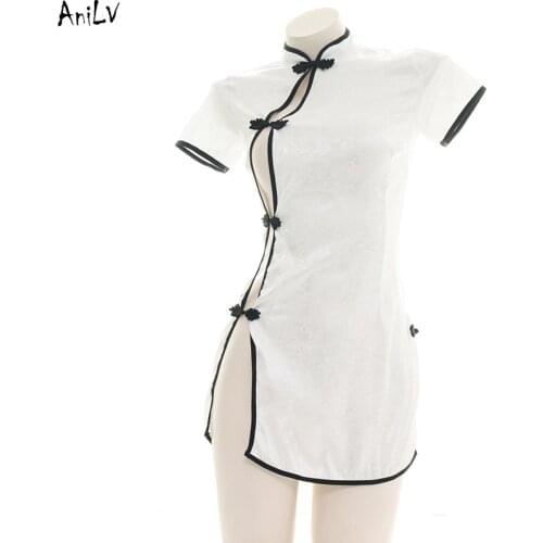 AniLV China White Cheongsam Dress Uniform Temptation Lingerie Costume Women Sexy Underwear Pajamas Party Clothes