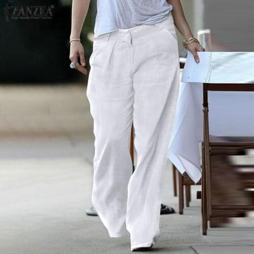 ZANZEA Fashion Women Wide Leg Pants 2021 Summer Female Solid Cotton Pantalon Loose Casual Long Trousers Palazzo Streetwear
