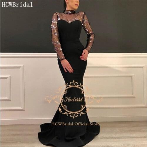 Long Sleeves Black Mermaid Arabic Evening Dress With Colorful Crystal Illusion Satin Plus Size Formal Dresses For Prom Party