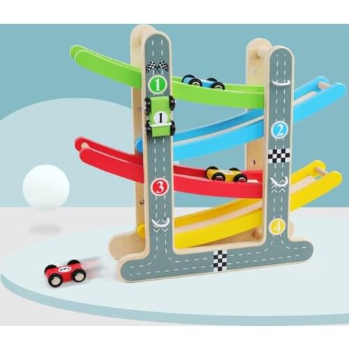 Wooden Train 4-Layer Race Track & 4 Mini Inertia Race Car Sliding Toy Vehical &Train Baby Toddler Motor for Baby Car