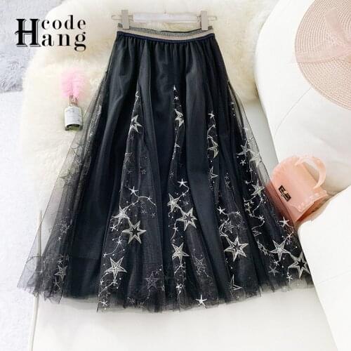 HangCode Luxury Star Embroidery Black Mesh Skirts 2021 New Fashion Summer Big Swing Elegant Midi Party Skirts Ladies Bottoms