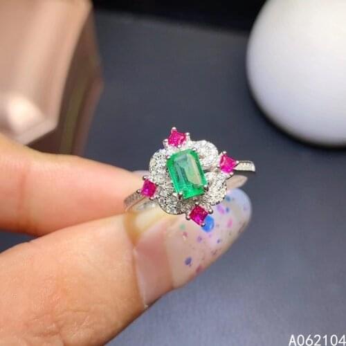 KJJEAXCMY fine jewelry 925 sterling silver inlaid natural emerald Womens vintage elegant square adjustable gem ring support det