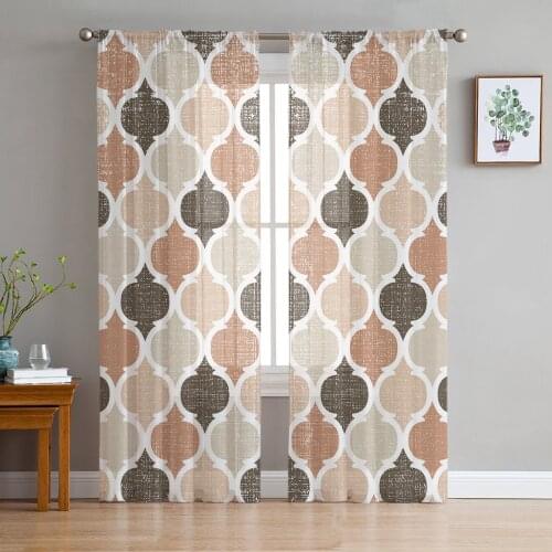 Geometric Brown Vintage Morocco Tulle Window Treatment Sheer Curtains for Kitchen Living Room the Bedroom Curtains Decoration