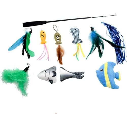 Cat Interactive Toy Pet Mint Toy Catnip Feather Teaser Catcher Stick Set With Bell 10 Replacement Head Retractable Fishing Rod