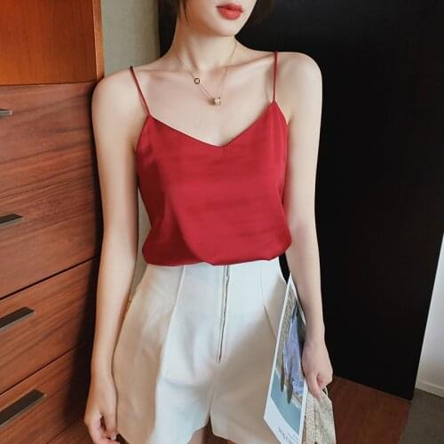 Newest Women Tops Spaghetti Strap V-neck Satin Silky Tank Tops Sleeveless Black Tees Cami Sexy Halter Top all neon store clothes