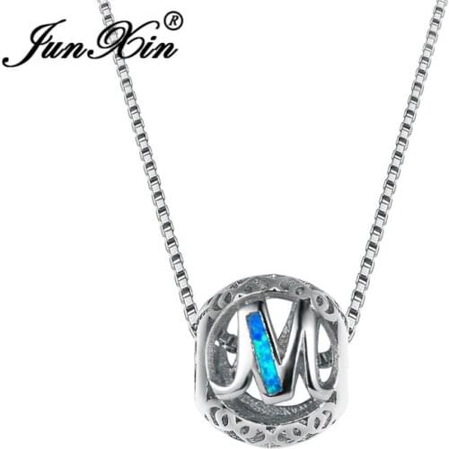 JUNXIN 26 Letters Beads Blue White Fire Opal Necklaces For Women Men White Gold Rose Gold Filled Round Pendant Wedding Jewelry