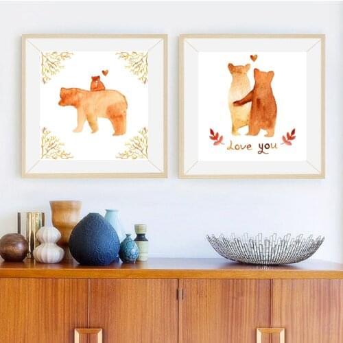 Cartoon Animal Family Art Print Poster Home Decor , Watercolor Animal Bear Canvas Painting Pictures Bathroom Art Decoration