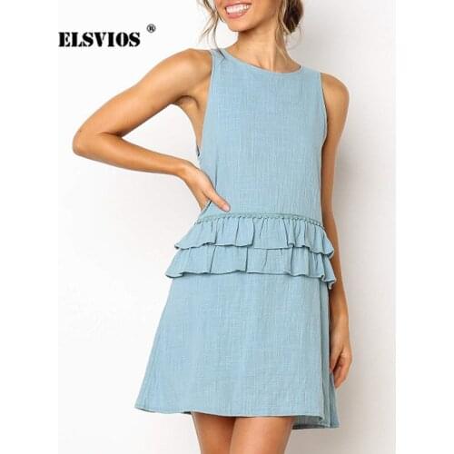 ELSVIOS Solid Color O-Neck Sleeveless Women Dress Summer Backless Lace Up Elegant A-Line Party Dress Casual Ruffle Beach Dresses