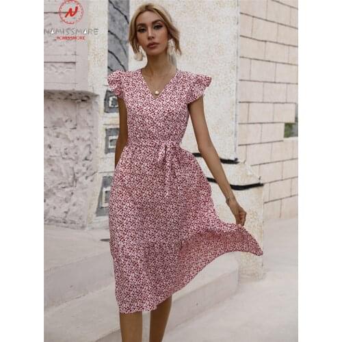 Fashion Women Summer Print A-Line Dress for Streetwear Patchwork Design Bandage Ruffles Decor V-Neck Mid Waist Slim Long Dress